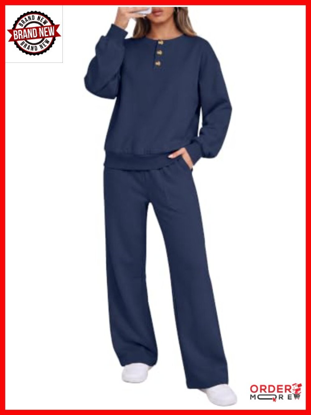 Women's 2 Piece Lounge Set Loose Fit Henley Top Wide Leg Pants Sweatsuit